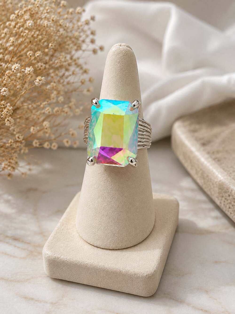 Iridescent AB Aurora Borealis Crystal Statement Ring Adjustable Size 6-7 Silver